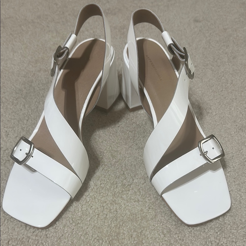 Anthropologie White Slingback Sandals with Silver Buckle